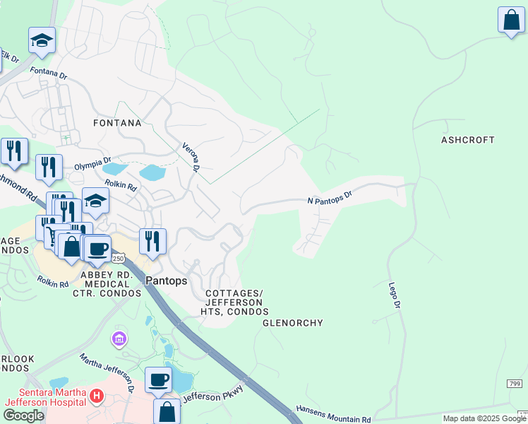 map of restaurants, bars, coffee shops, grocery stores, and more near 1895 North Pantops Drive in Charlottesville
