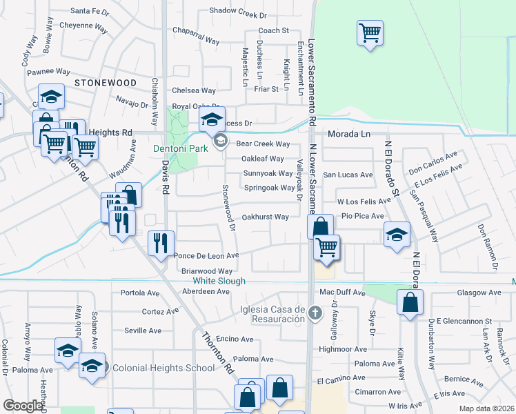 map of restaurants, bars, coffee shops, grocery stores, and more near 1014 Springoak Way in Stockton
