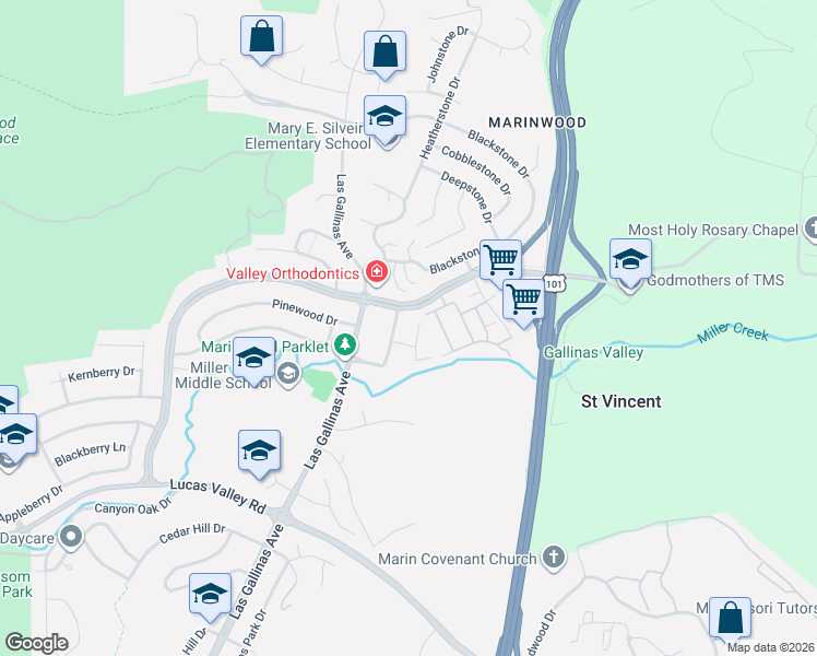 map of restaurants, bars, coffee shops, grocery stores, and more near 162 Roundtree Boulevard in San Rafael