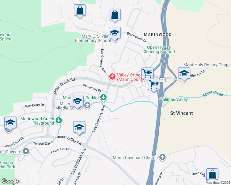 map of restaurants, bars, coffee shops, grocery stores, and more near in Lucas Valley-Marinwood