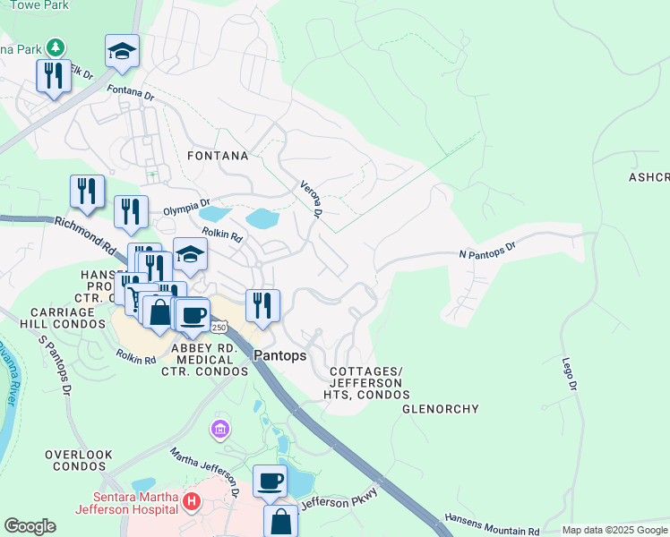 map of restaurants, bars, coffee shops, grocery stores, and more near 2424 Winthrop Drive in Charlottesville