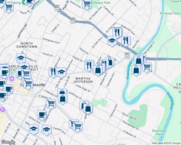 map of restaurants, bars, coffee shops, grocery stores, and more near 1310 Poplar Street in Charlottesville