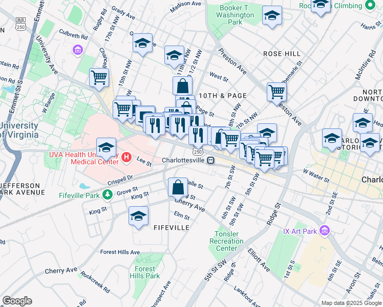 map of restaurants, bars, coffee shops, grocery stores, and more near 855 West Main Street in Charlottesville