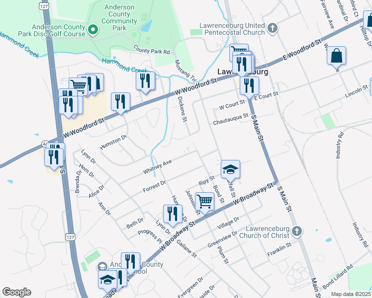 map of restaurants, bars, coffee shops, grocery stores, and more near 209 Canterbury Street in Lawrenceburg
