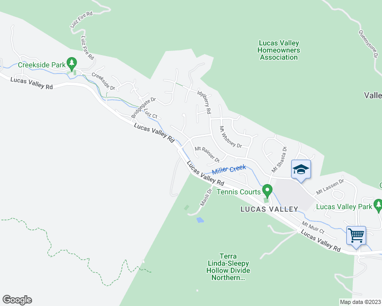 map of restaurants, bars, coffee shops, grocery stores, and more near 2 Mount Rainier Court in San Rafael