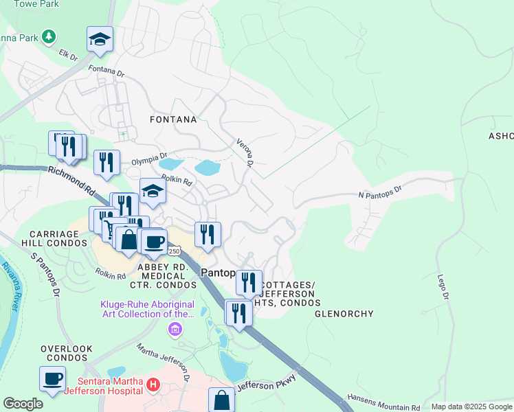 map of restaurants, bars, coffee shops, grocery stores, and more near 1565 Newcastle Court in Charlottesville