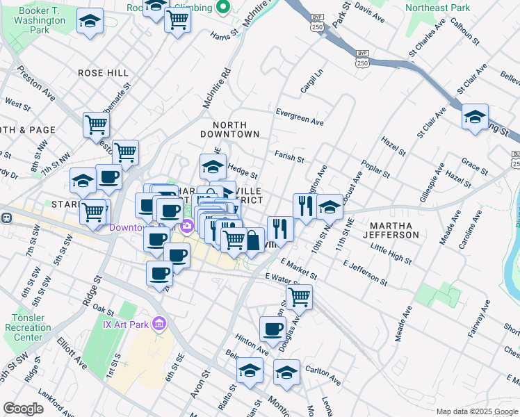 map of restaurants, bars, coffee shops, grocery stores, and more near 615 East High Street in Charlottesville