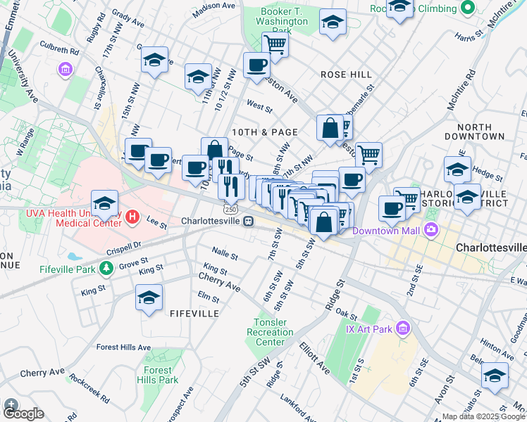 map of restaurants, bars, coffee shops, grocery stores, and more near 112 8th Street Northwest in Charlottesville
