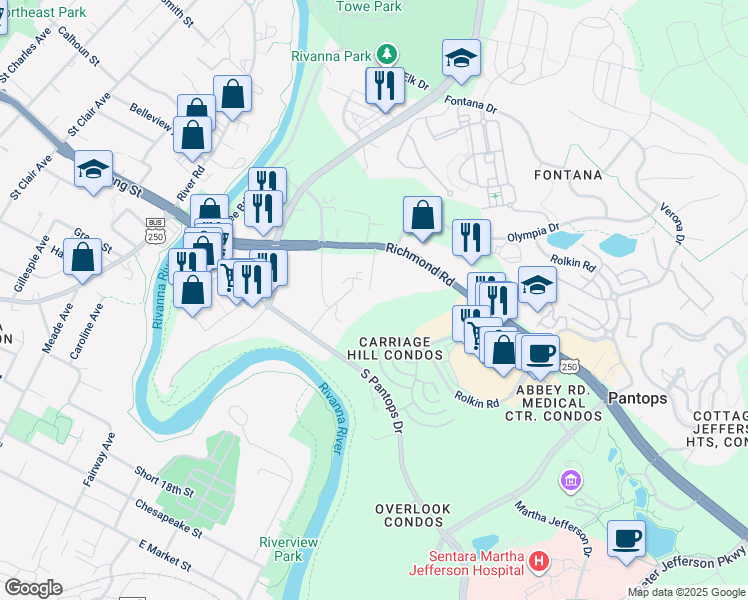 map of restaurants, bars, coffee shops, grocery stores, and more near 1357 Richmond Road in Charlottesville