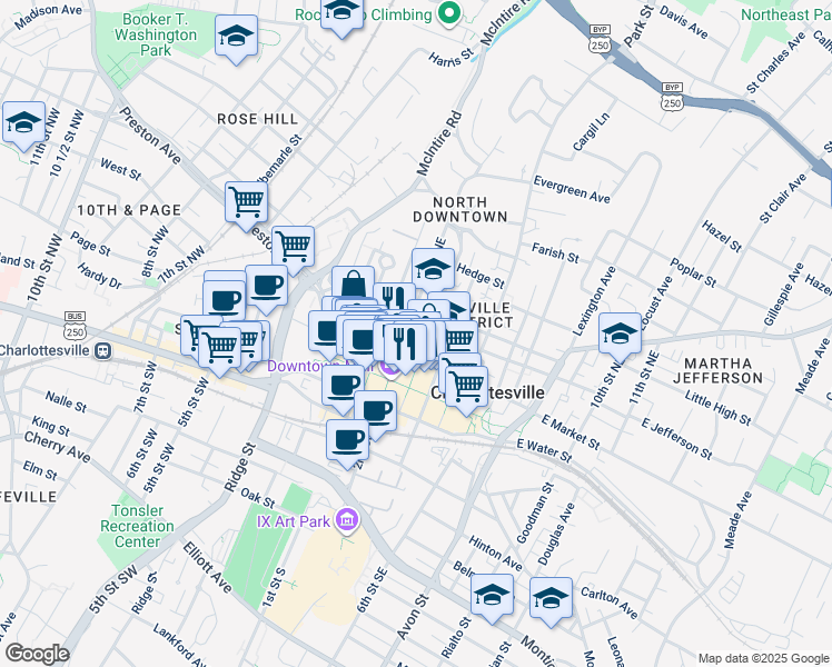 map of restaurants, bars, coffee shops, grocery stores, and more near 243 East Jefferson Street in Charlottesville
