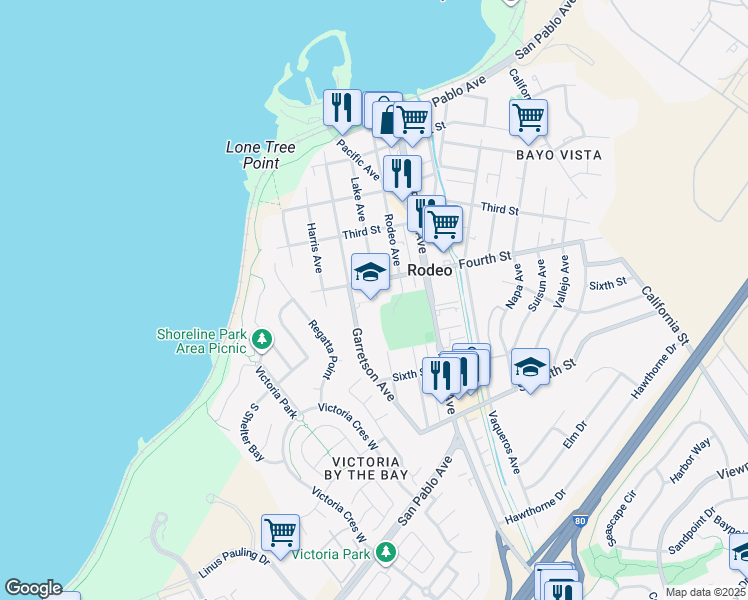 map of restaurants, bars, coffee shops, grocery stores, and more near 416 Fourth Street in Rodeo