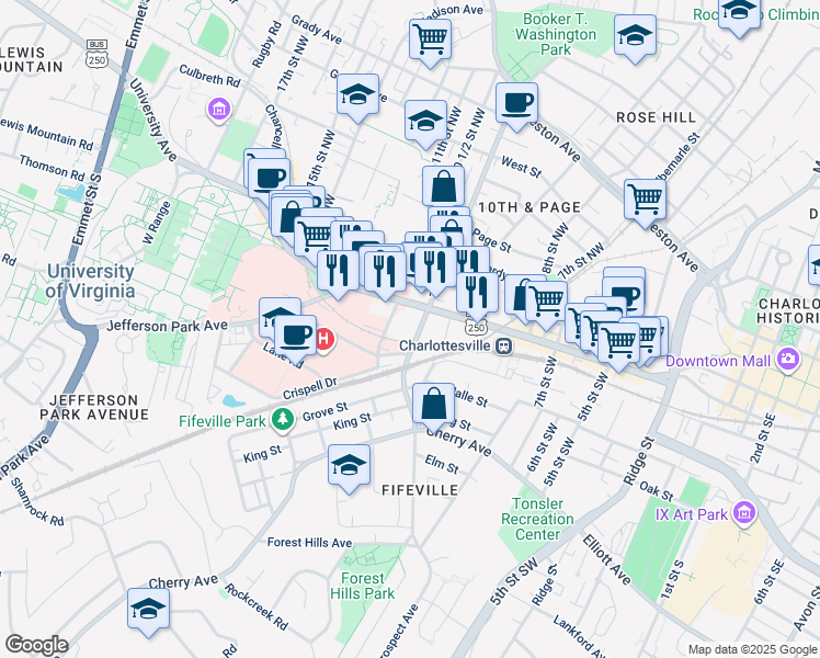 map of restaurants, bars, coffee shops, grocery stores, and more near 107 Roosevelt Brown Boulevard in Charlottesville