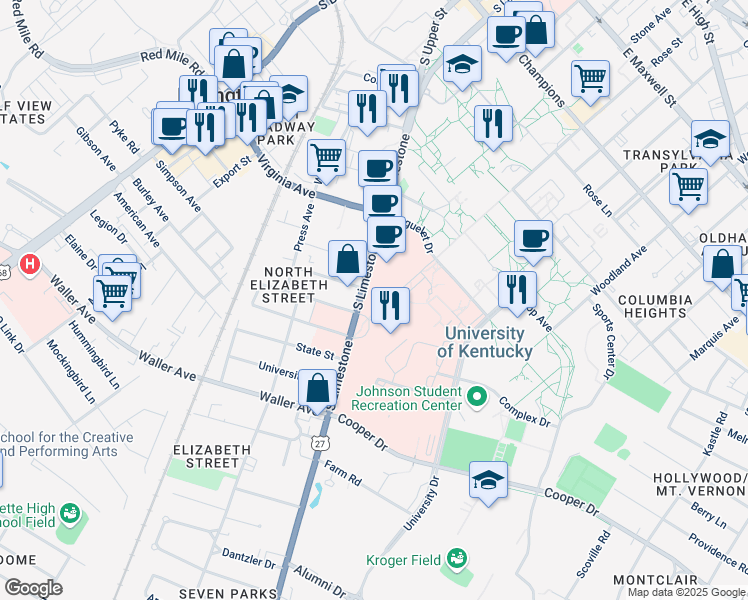map of restaurants, bars, coffee shops, grocery stores, and more near 900 South Limestone in Lexington