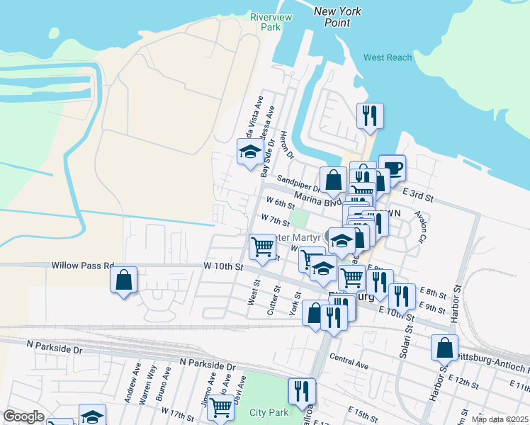 map of restaurants, bars, coffee shops, grocery stores, and more near 386 West 7th Street in Pittsburg