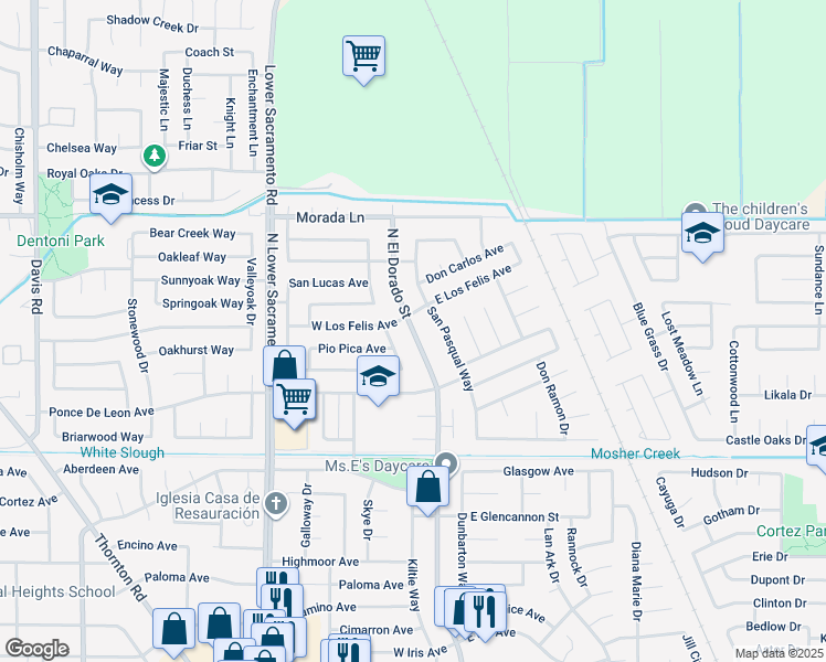 map of restaurants, bars, coffee shops, grocery stores, and more near 6 East Los Felis Avenue in Stockton