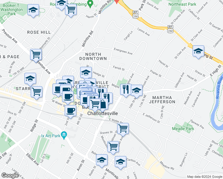 map of restaurants, bars, coffee shops, grocery stores, and more near 425 7th Street Northeast in Charlottesville