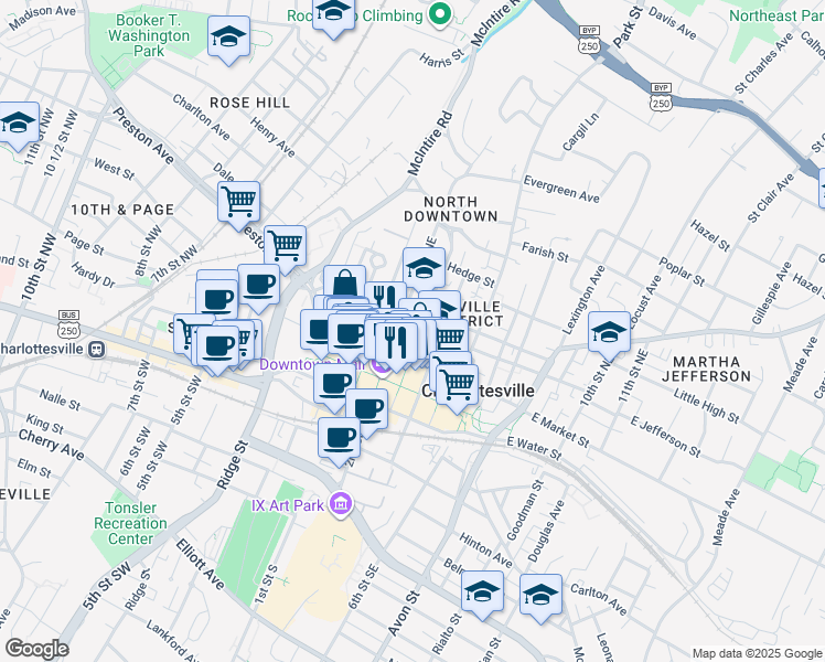 map of restaurants, bars, coffee shops, grocery stores, and more near 109 East Jefferson Street in Charlottesville