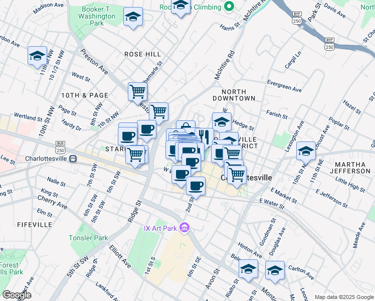 map of restaurants, bars, coffee shops, grocery stores, and more near 116 West Jefferson Street in Charlottesville