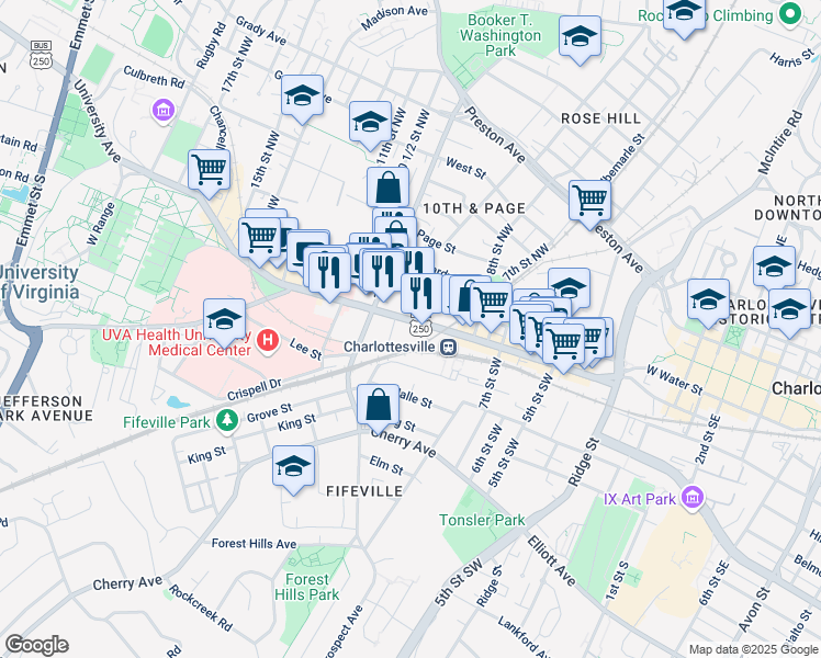 map of restaurants, bars, coffee shops, grocery stores, and more near 855 West Main Street in Charlottesville
