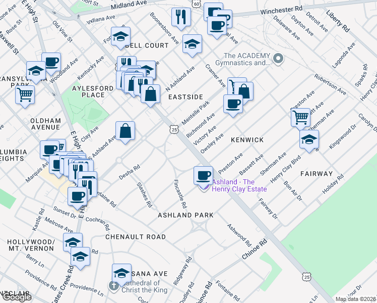 map of restaurants, bars, coffee shops, grocery stores, and more near in Lexington