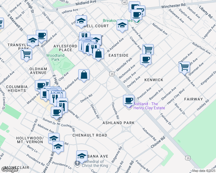 map of restaurants, bars, coffee shops, grocery stores, and more near 110 Desha Road in Lexington