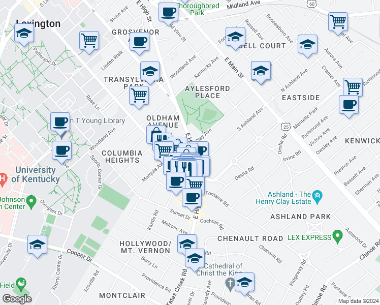 map of restaurants, bars, coffee shops, grocery stores, and more near 288 Clay Avenue in Lexington