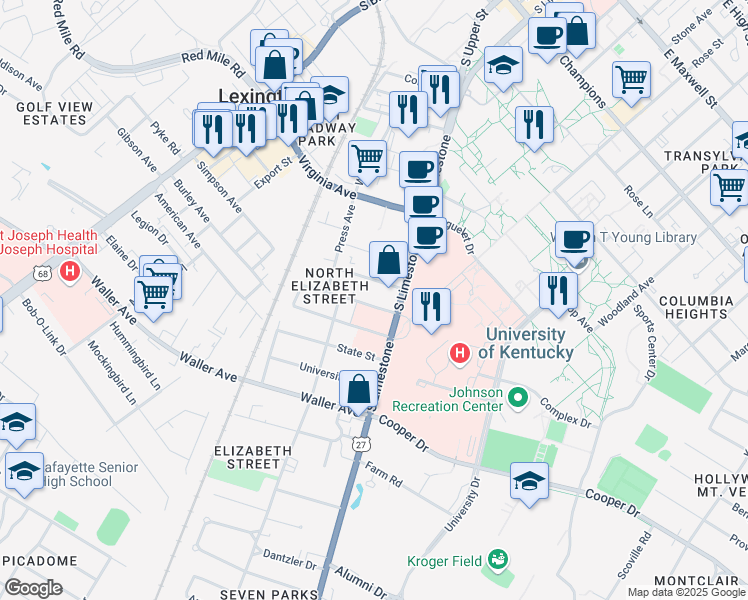 map of restaurants, bars, coffee shops, grocery stores, and more near 114 Gazette Avenue in Lexington