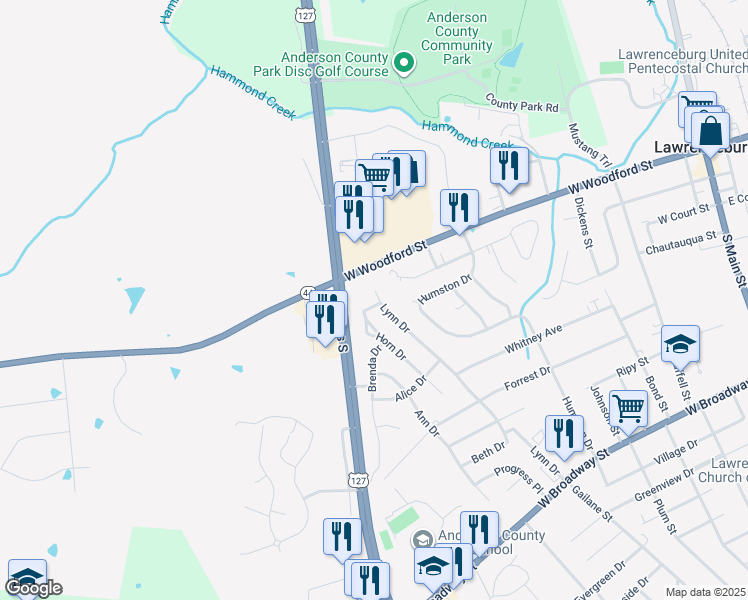 map of restaurants, bars, coffee shops, grocery stores, and more near 235 Lynn Drive in Lawrenceburg