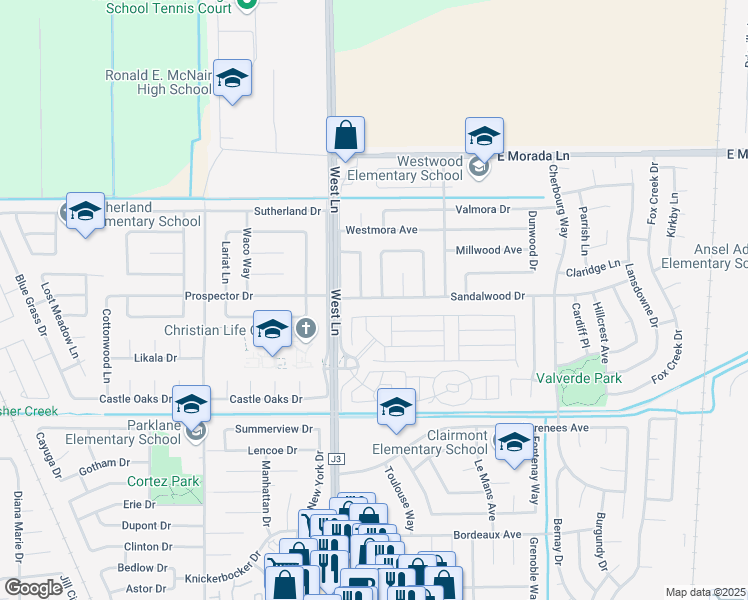 map of restaurants, bars, coffee shops, grocery stores, and more near 1622 East Sandalwood Drive in Stockton