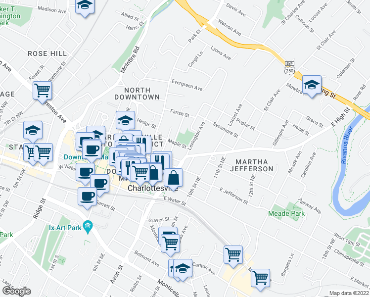 map of restaurants, bars, coffee shops, grocery stores, and more near 425 Lexington Avenue in Charlottesville
