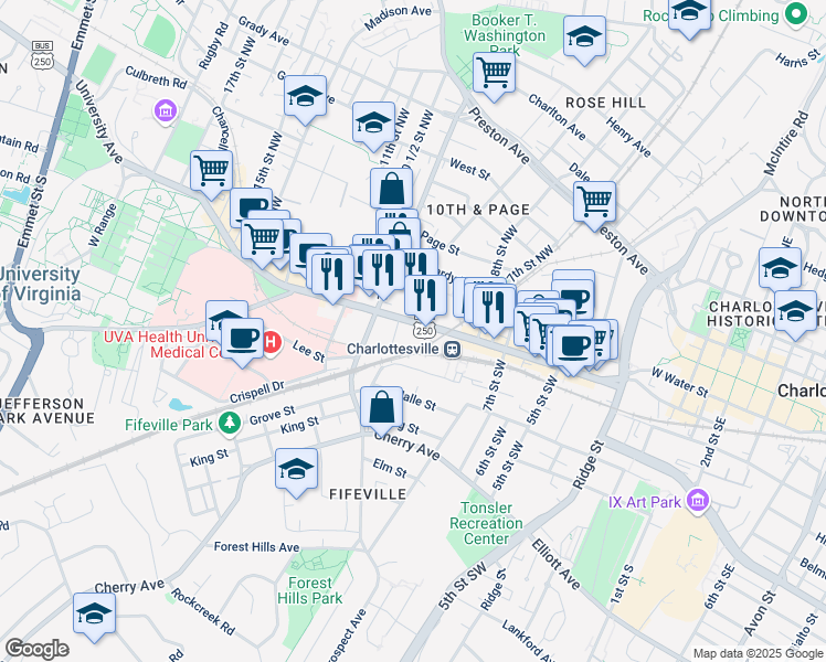 map of restaurants, bars, coffee shops, grocery stores, and more near 852 West Main Street in Charlottesville