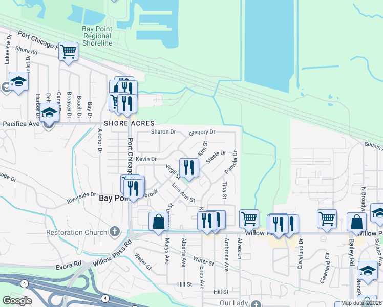 map of restaurants, bars, coffee shops, grocery stores, and more near 3481 Michael Place in Bay Point