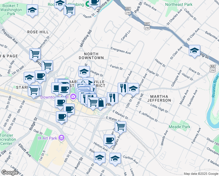 map of restaurants, bars, coffee shops, grocery stores, and more near 701 East High Street in Charlottesville