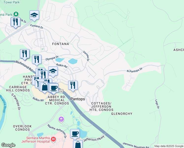 map of restaurants, bars, coffee shops, grocery stores, and more near 2287 Whittington Drive in Charlottesville