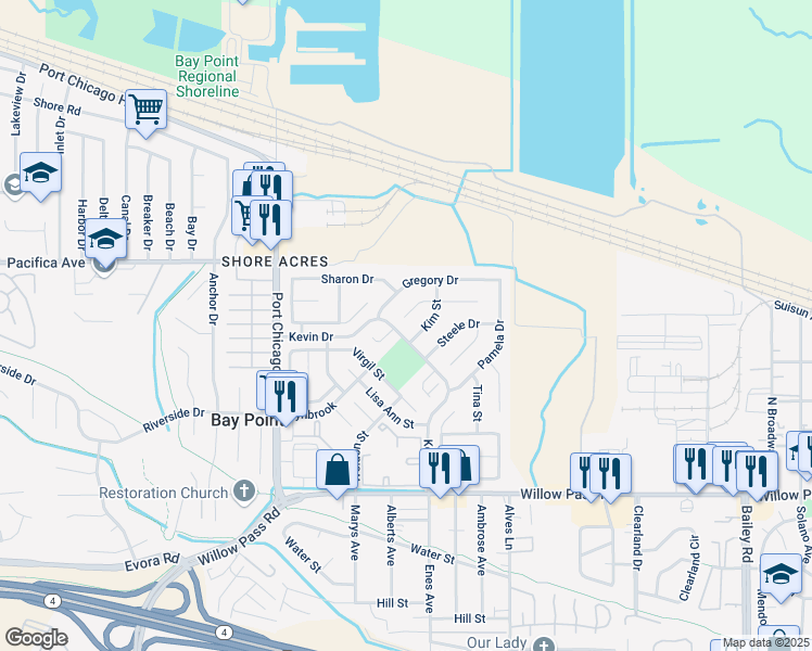 map of restaurants, bars, coffee shops, grocery stores, and more near 3481 Michael Place in Bay Point