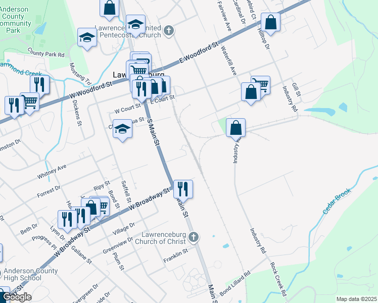 map of restaurants, bars, coffee shops, grocery stores, and more near 145 Hawkins Street in Lawrenceburg