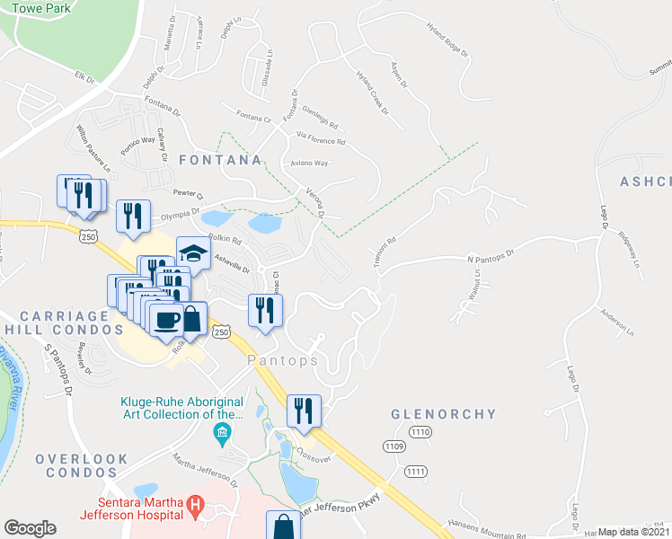 map of restaurants, bars, coffee shops, grocery stores, and more near 2285 Whittington Drive in Charlottesville