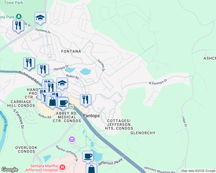 map of restaurants, bars, coffee shops, grocery stores, and more near 2424 Winthrop Drive in Charlottesville