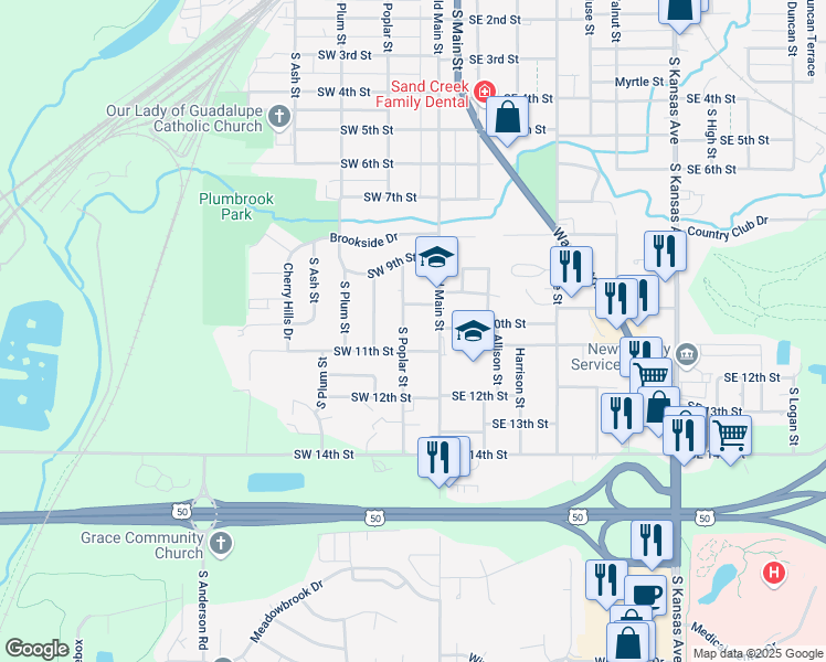 map of restaurants, bars, coffee shops, grocery stores, and more near 1004 South Poplar Street in Newton