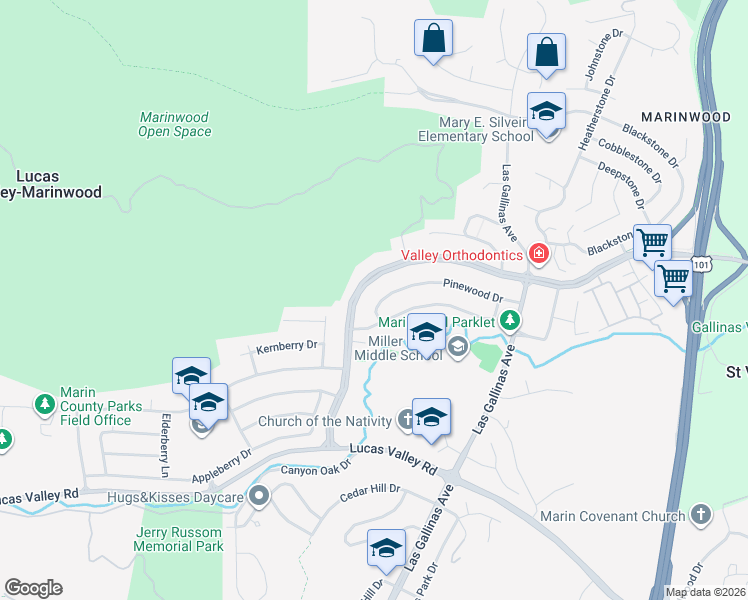 map of restaurants, bars, coffee shops, grocery stores, and more near 535 Miller Creek Road in San Rafael