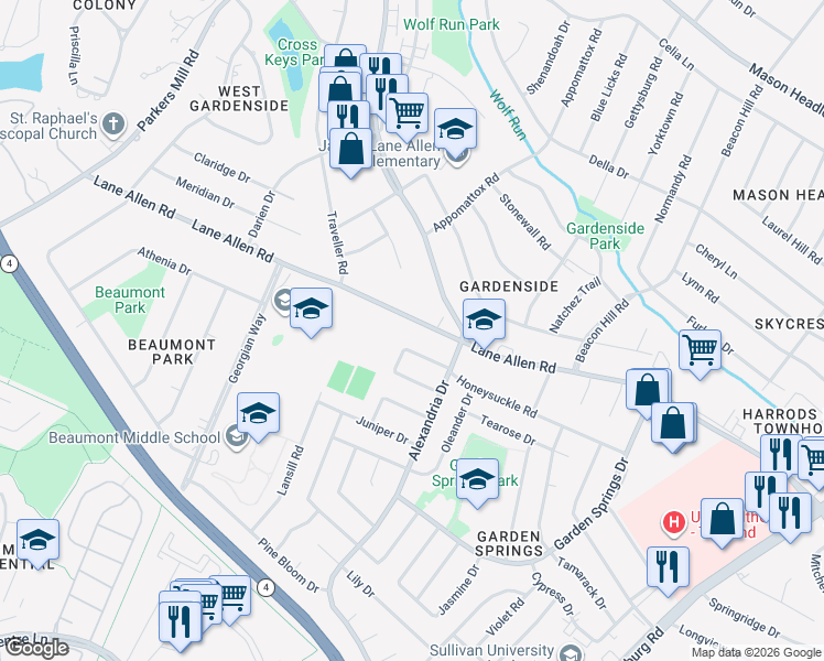 map of restaurants, bars, coffee shops, grocery stores, and more near 1013 Lane Allen Road in Lexington