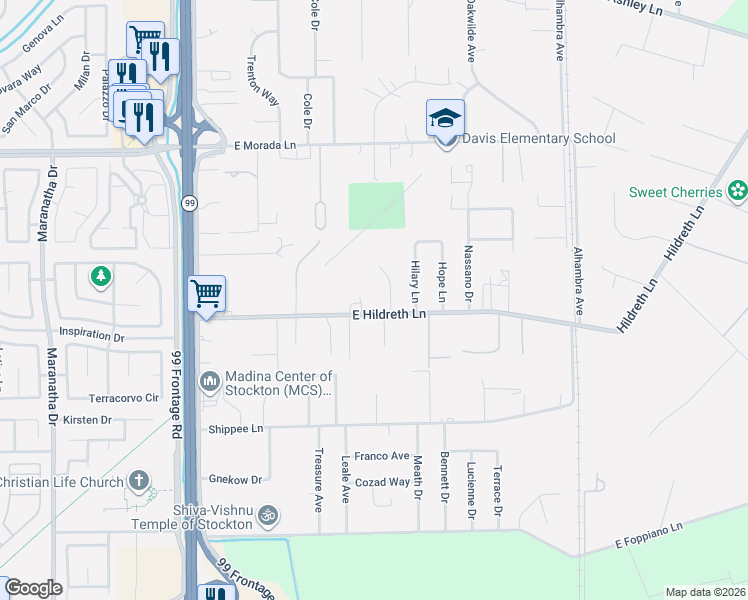 map of restaurants, bars, coffee shops, grocery stores, and more near 4899 East Hildreth Lane in Stockton
