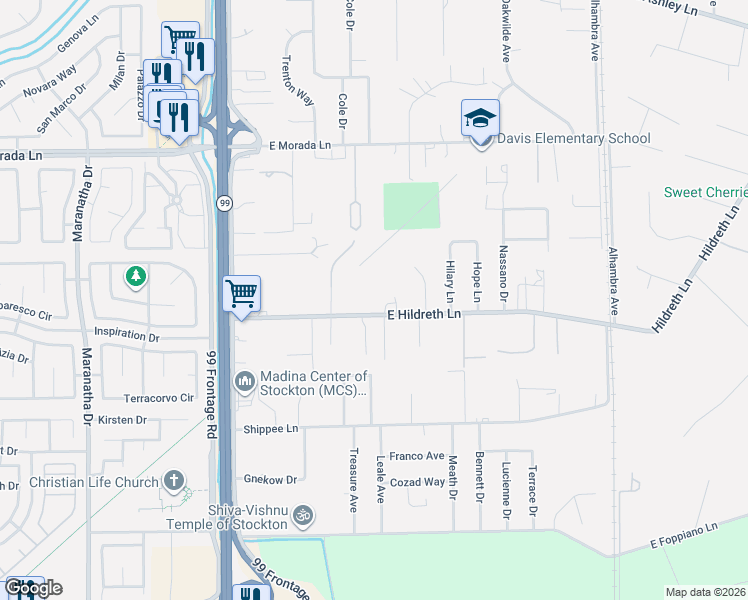 map of restaurants, bars, coffee shops, grocery stores, and more near 4851 East Hildreth Lane in Stockton