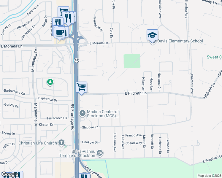 map of restaurants, bars, coffee shops, grocery stores, and more near 9011 North Lloyd Lane in Stockton