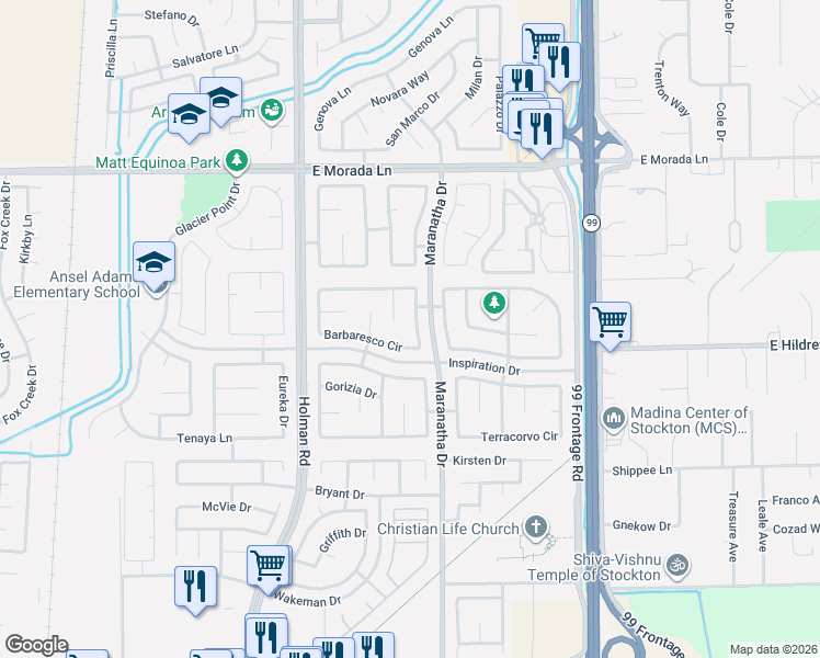 map of restaurants, bars, coffee shops, grocery stores, and more near 9138 Verdicchio Court in Stockton