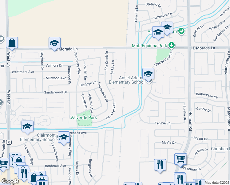 map of restaurants, bars, coffee shops, grocery stores, and more near 2866 Fox Creek Court in Stockton