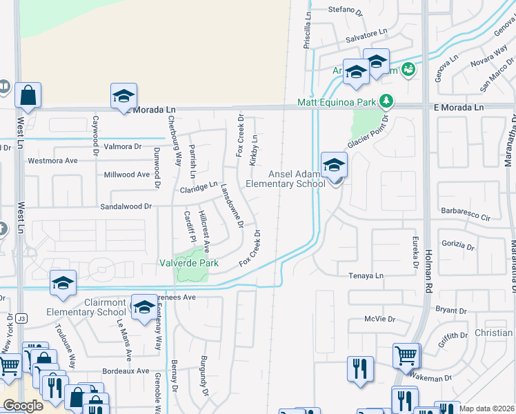 map of restaurants, bars, coffee shops, grocery stores, and more near 2866 Fox Creek Court in Stockton