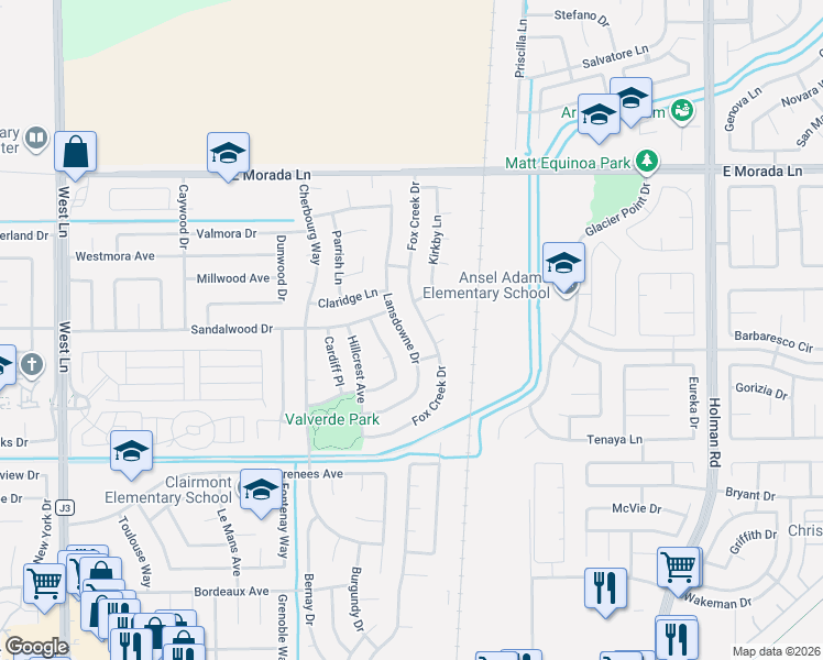 map of restaurants, bars, coffee shops, grocery stores, and more near 2807 Fox Creek Court in Stockton