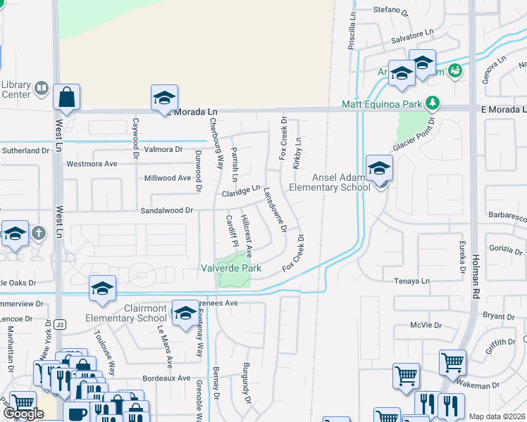 map of restaurants, bars, coffee shops, grocery stores, and more near 9039 Lansdowne Drive in Stockton