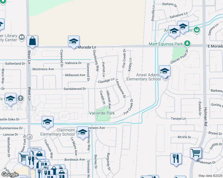 map of restaurants, bars, coffee shops, grocery stores, and more near 9039 Lansdowne Drive in Stockton